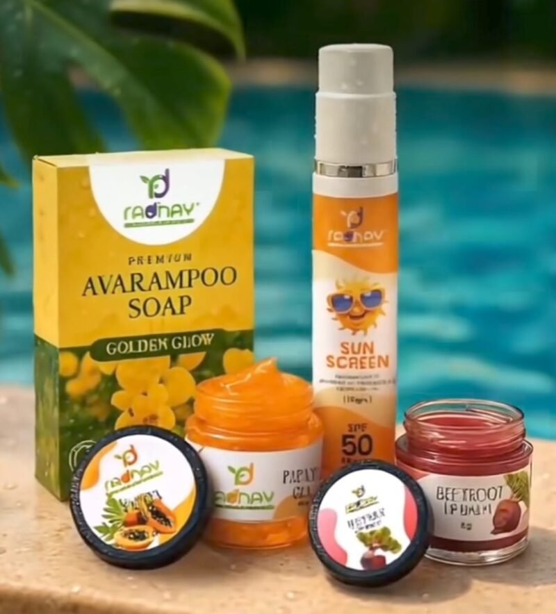 Avarampoo Soap, Papaya Gel, Sunscreen, Beetroot Lip Balm (Combo)